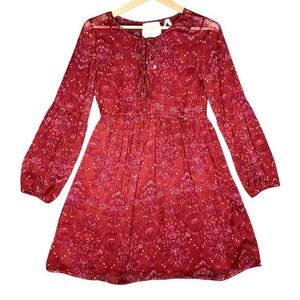 Mudd Womens Burgundy Paisley Boho Mini Dress Long Bell Sleeve Large Tie Neck